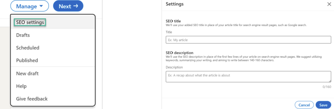 SEO 设置允许您为文章或新闻稿标题和描述自定义 SEO。