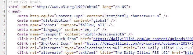 When we looked at the code for the Daily Illini page on the other hand, we saw this