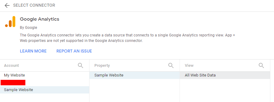 Select the Account, Property, and View. Click the "CONNECT" button to load the data into Looker Studio