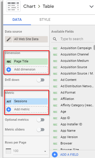 Select the dimension (which reflects the table's main column) and add the metric