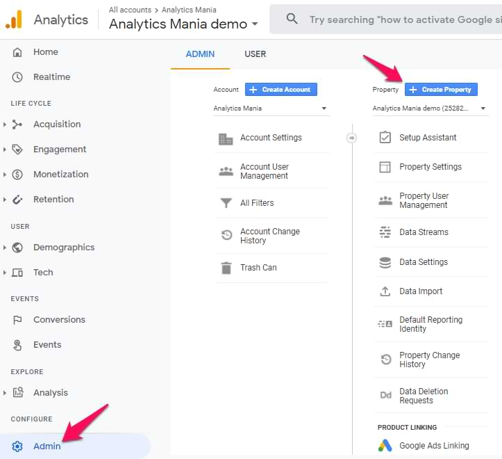 التنقل إلى الممتلكات GA 4