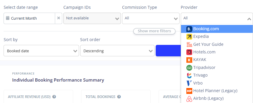 escolha o tipo de comissão, ou seja, CPA ou CPC, e também consulte a comissão recebida de cada fornecedor, como Booking.com, Expedia, AirBnB, etc.