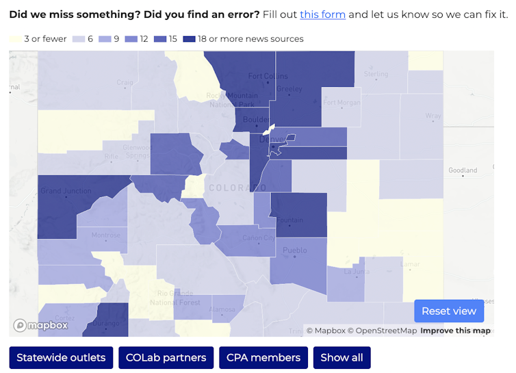 Ein Screenshot der Karte der Nachrichten- und Informationsquellen Colorados. Zur Interaktion mit der Karte
