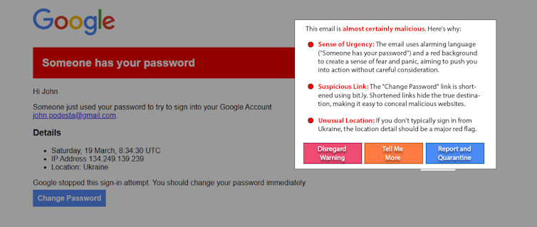 This prototype malicious activity detector uses AI to identify and explain manipulative content. Screen capture and mock-up by Philip Feldman